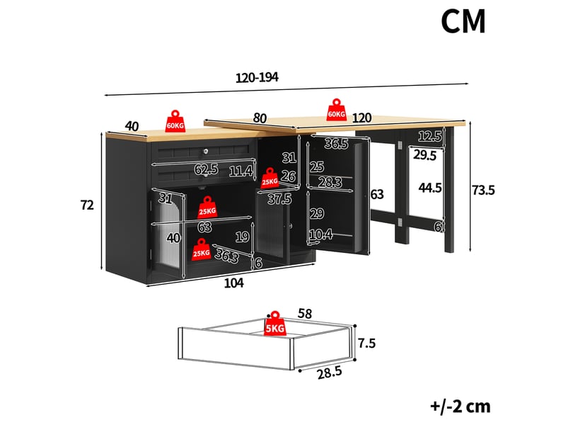 Îlot de cuisine extensible 120–194 x 40 x 73,5 cm avec plateau pivotant 360°, portes en verre et 2 tiroirs, noir - Conforama C