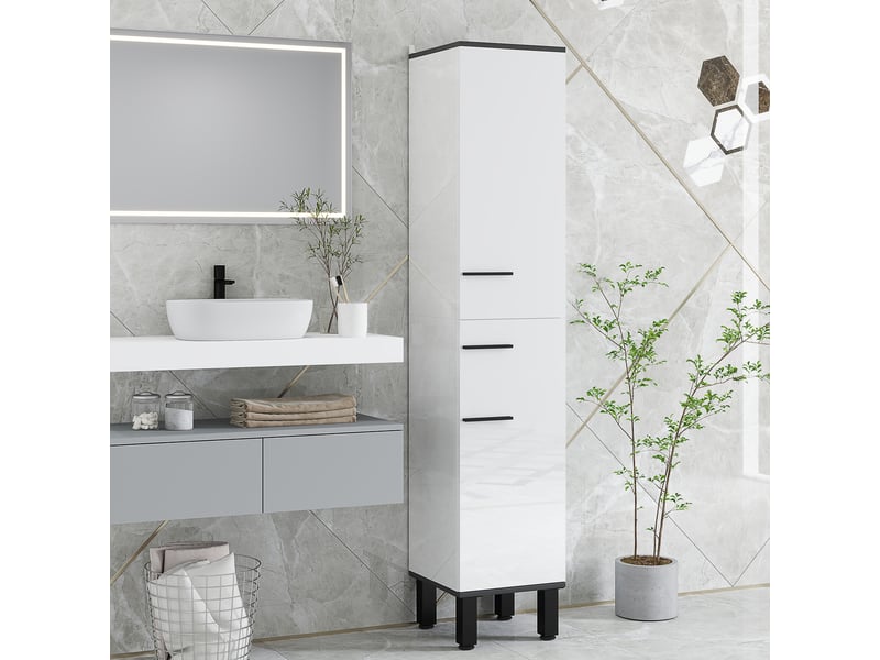  Armoire de salle de bain haute avec tiroir, 2 portes et étagères réglables, stable, 34 x 32 x 170 cm, blanche  - Conforama D