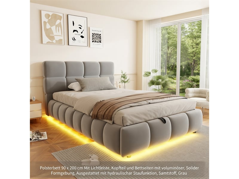  Lit adulte 90 x 200 cm, rangement hydraulique, avec bande lumineuse, velours, gris  - Conforama B