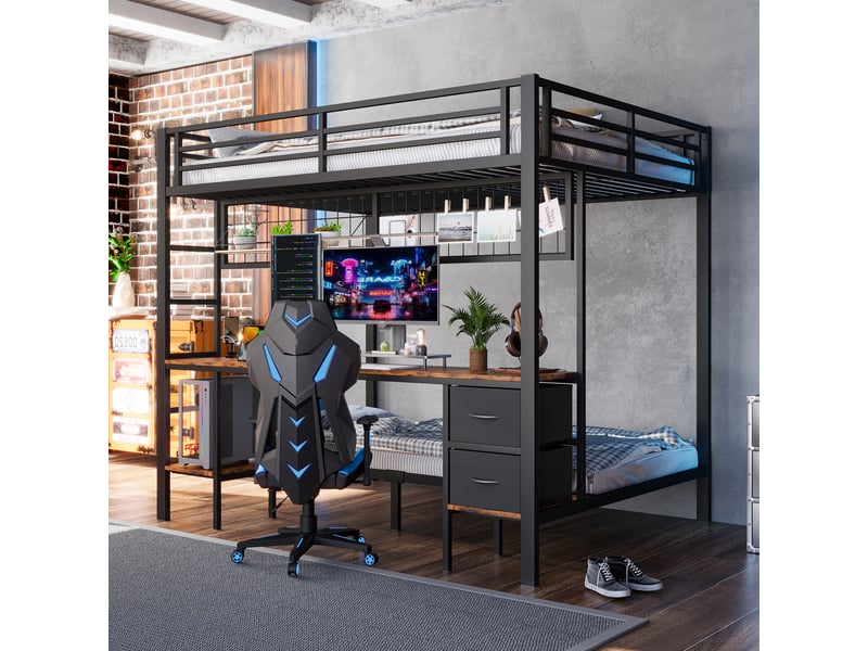  Lit mezzanine 90x200 cm et 140x200 cm noir avec tiroirs, étagères, bureau, led 7 couleurs, usb, sans matelas  - Conforama C