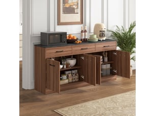 Buffet de cuisine 160 cm aspect noyer, îlot de cuisine avec 3 tiroirs et plan de travail effet béton