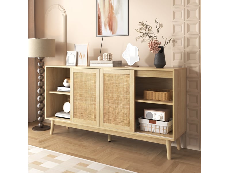 Buffet avec 3 portes coulissantes en rotin et 2 tiroirs – 155 x 38 x 80 cm – décor bois - Conforama C