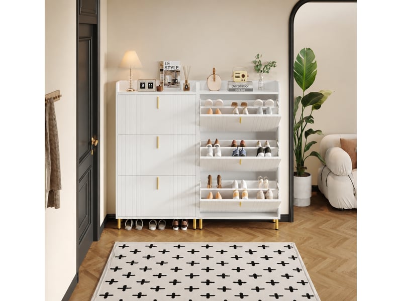 Meuble à chaussures blanc à 3 abattants, lot de 2 meubles étroits avec 6 compartiments et anti-basculement - Conforama D