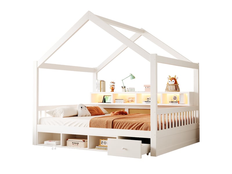  Lit cabane modenvie 140 x 200 cm avec rangements led prises et sommier blanc  - Conforama A