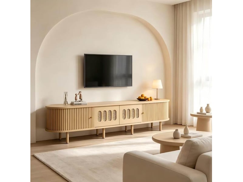  Meuble tv 180x40x40 cm avec portes et tiroirs coloris bois clair  - Conforama D