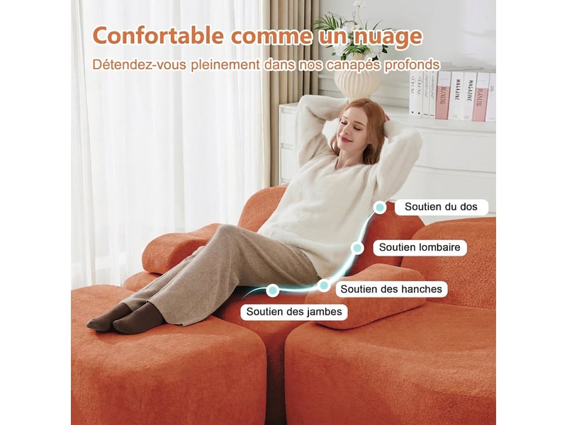  Canapé d'angle modulaire 4 places en velours orange - mousse 32d avec pouf, sans montage  - Conforama E
