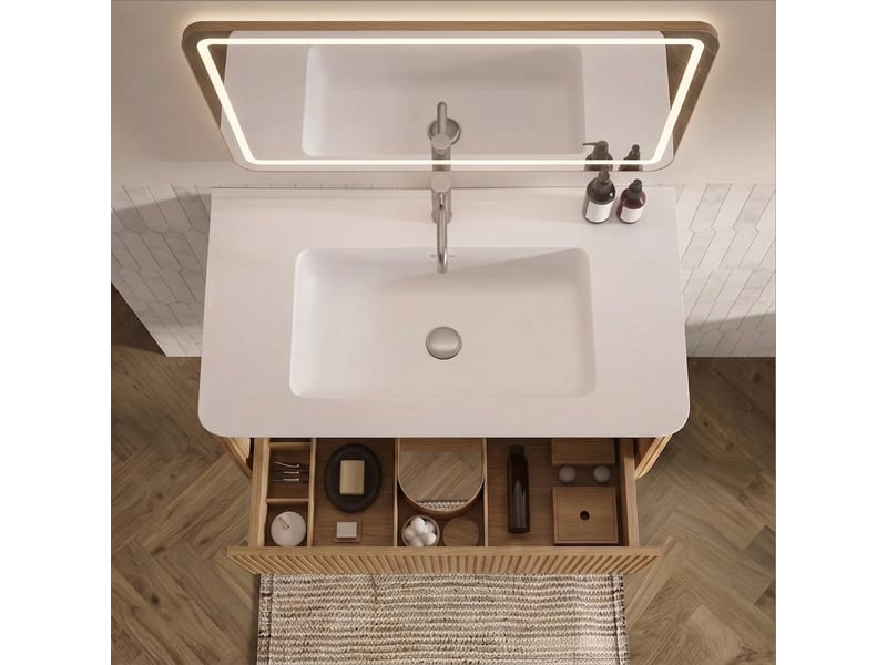 Ensemble meuble salle de bain 80 cm suspendu chêne avec miroir ovale led - Conforama C