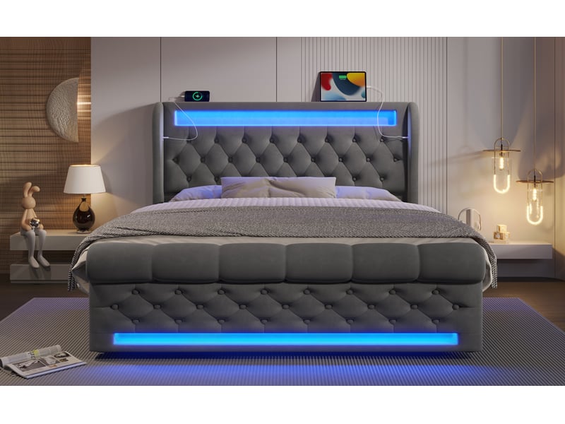  Lit coffre 140x200 cm avec rangement et ports usb type-c - led intégrée - velours gris - matelas inclus  - Conforama E