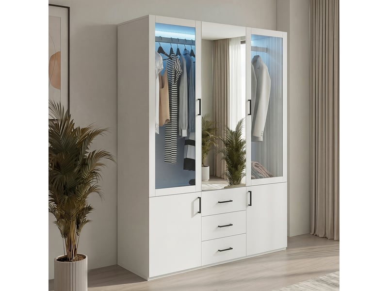  Armoire blanche 3 portes vitrées, miroir fixe central, 3 tiroirs, éclairage led, élégance et fonctionnalité  - Conforama E