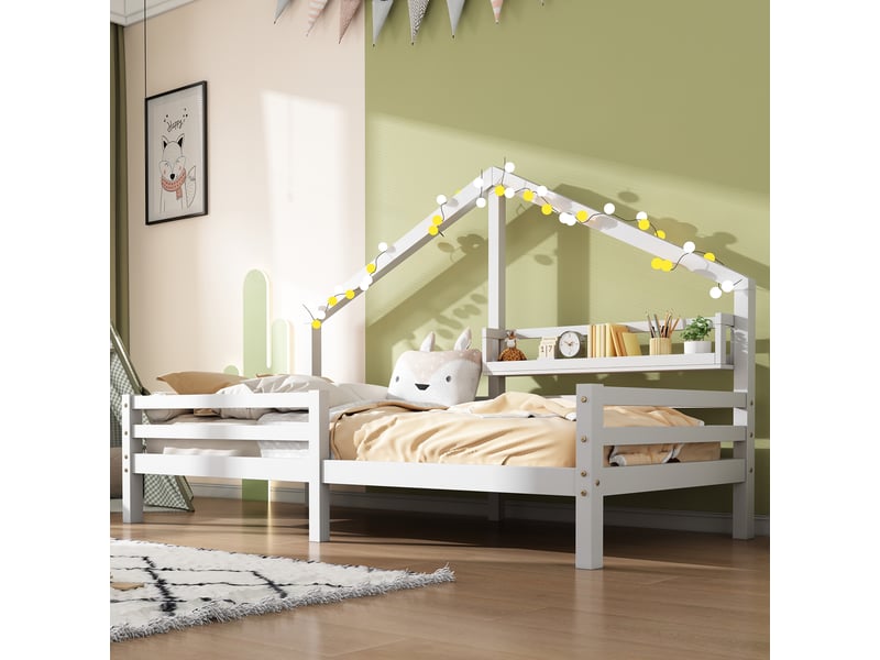  Lit cabane, lit enfant avec étagère de rangement, forme cheminée, 90 x 200 cm, blanc  - Conforama D