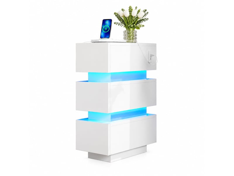  Lot de 2 tables de chevet étroites 20 x 40 x 59,5 cm, led, usb et type-c, blanches  - Conforama A