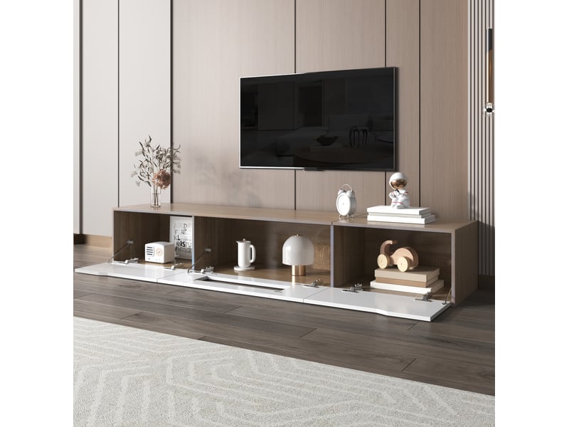  Meuble tv avec éclairage led, en panneau de particules, blanc brillant et effet bois  - Conforama D