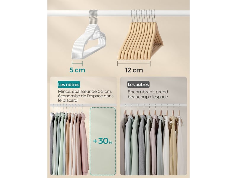  Cintres 50 pièces, cintres en plastique, antidérapant, peu encombrant, épaisseur 0,5 cm, largeur 42 cm, crochet pivotant à 360° argent, blanc  - Conforama D