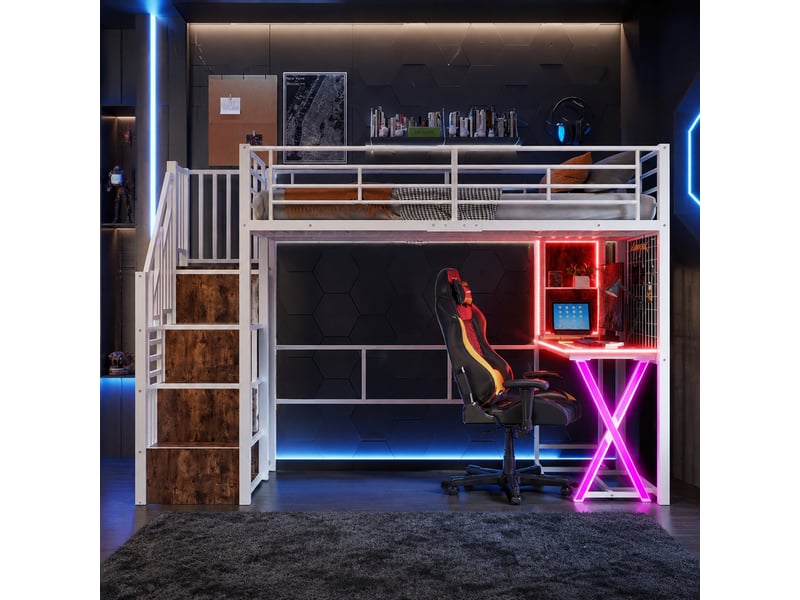 Lit mezzanine 90x200 cm avec bureau, armoire, étagères et éclairage led - Conforama B