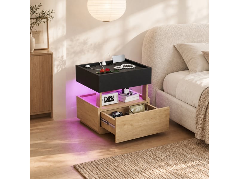  Table de chevet 2 tiroirs led avec charge sans fil usb pour chambre 50×40×50 cm noir naturel  - Conforama B