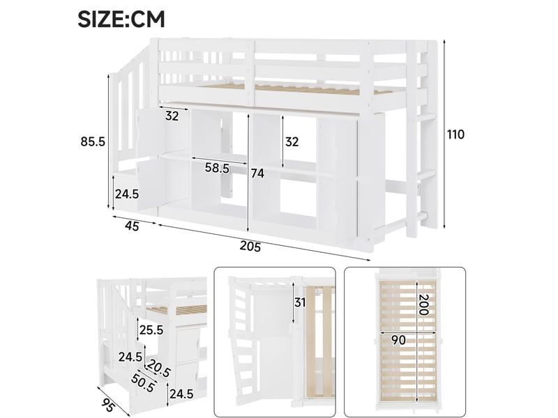  Lit mezzanine 90x200 cm avec rangements et éclairage led, blanc  - Conforama E