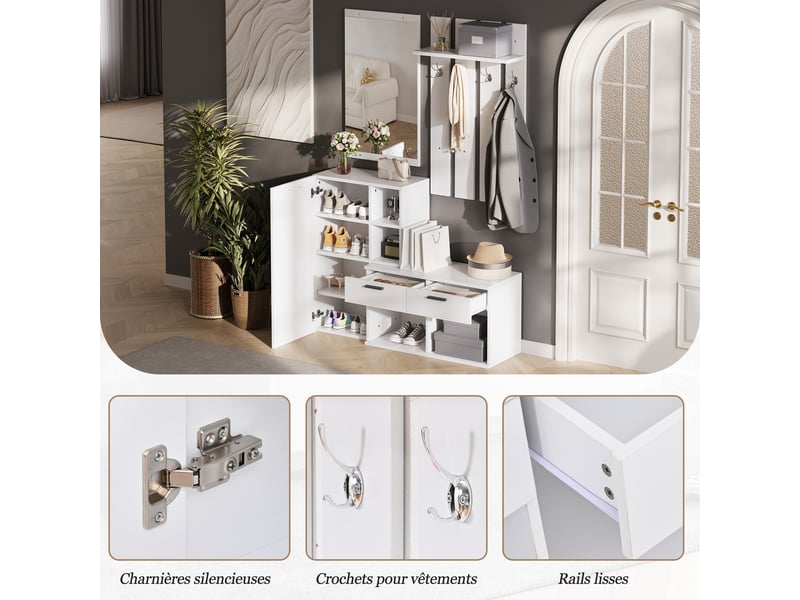  Meuble d’entrée blanc en mdf avec miroir et rangement chaussures, 2 tiroirs, 4 patères, 10 compartiments, 120 x 35 x 175,5 cm  - Conforama B