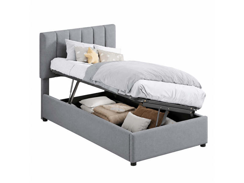  Lit enfant 90x200 cm en lin, lit simple avec coffre hydraulique et tête réglable, sans matelas, gris  - Conforama A