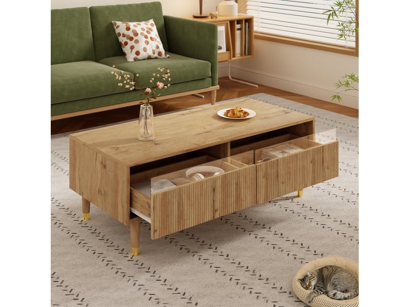  Table basse led moderne en mdf – 2 tiroirs, éclairage multicolore, décor bois – 110 x 50 x 40 cm  - Conforama B