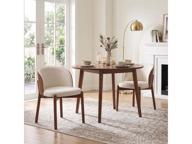 Lot de 2 chaises dossier incurvé en bois noyer, tissu lin blanc - Conforama D