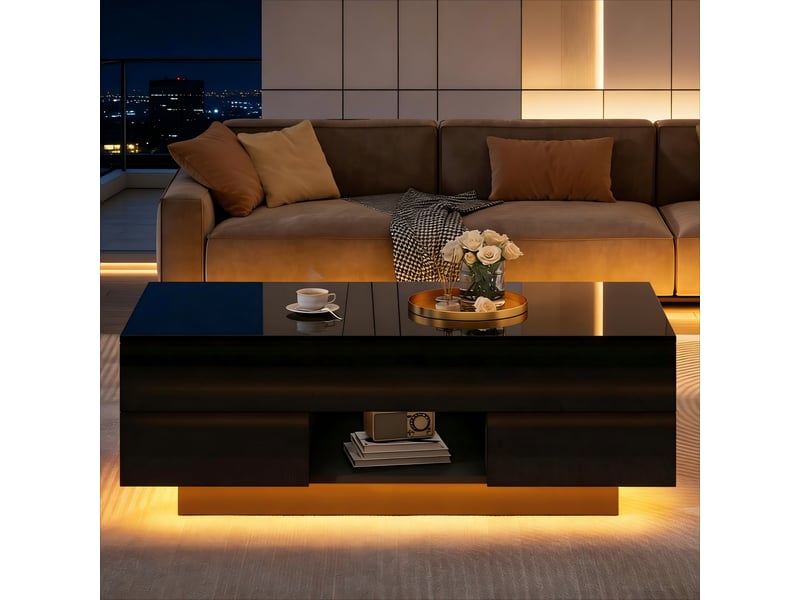  Table basse relevable avec 2 tiroirs et led, 100 x 45 x 43 cm, noir brillant  - Conforama E