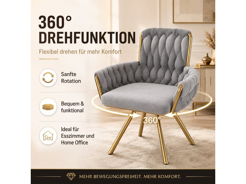  Chaises de salle à manger pivotantes 360° lot de 6 avec accoudoirs  - dossier haut, pieds métal, velours gris  - Conforama E