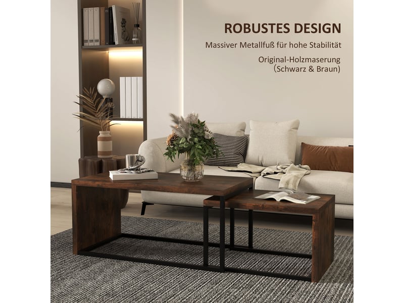  Tables basses gigognes avec 2 plateaux en mdf, pieds en métal noir, pour salon et chambre, marron rustique  - Conforama C