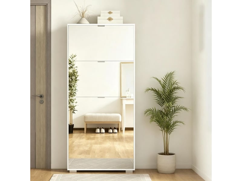  Meuble à chaussures 76 x 26 x 168 cm façades miroir armoire à chaussures capacité jusqu’à 24 paires 4 portes abattantes étagères réglables  - Conforama B