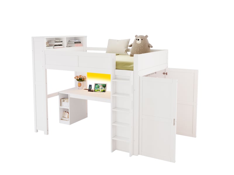  Lit mezzanine 90x200 cm avec bureau, rangement, armoire, usb et led, blanc, sans matelas  - Conforama A