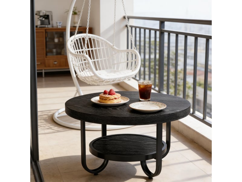  Table basse ronde, 79 cm, 2 niveaux avec rangement, mdf et métal, noir  - Conforama E