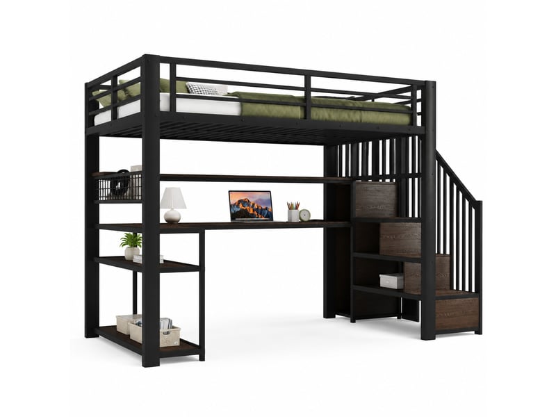 Lit mezzanine 90x200 cm avec bureau, armoire, led rgb et rangements, noir - Conforama A
