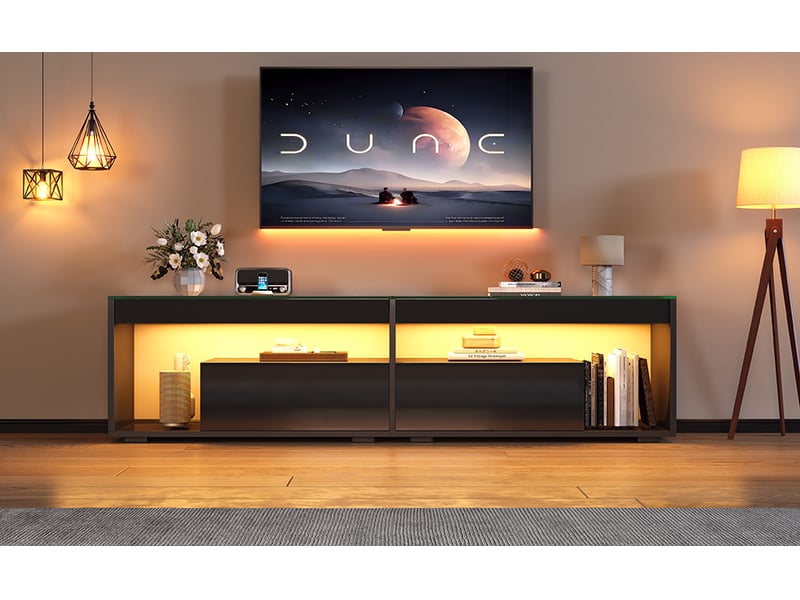  Meuble tv led noir brillant 180 cm pour tv jusqu'à 70 pouces avec 2 tiroirs et plateau en verre trempé  - Conforama W