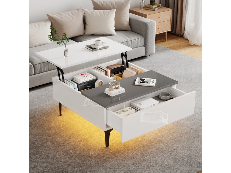  Table basse plateau relevable 70x70 cm blanc brillant avec éclairage led et espace de rangement caché  - Conforama R