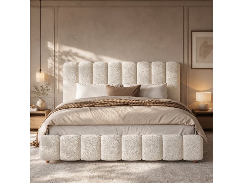  Lit double 180 × 200 cm avec sommier à lattes et tête de lit capitonnée, pieds en bois, blanc bouclé, chambre à coucher  - Conforama D