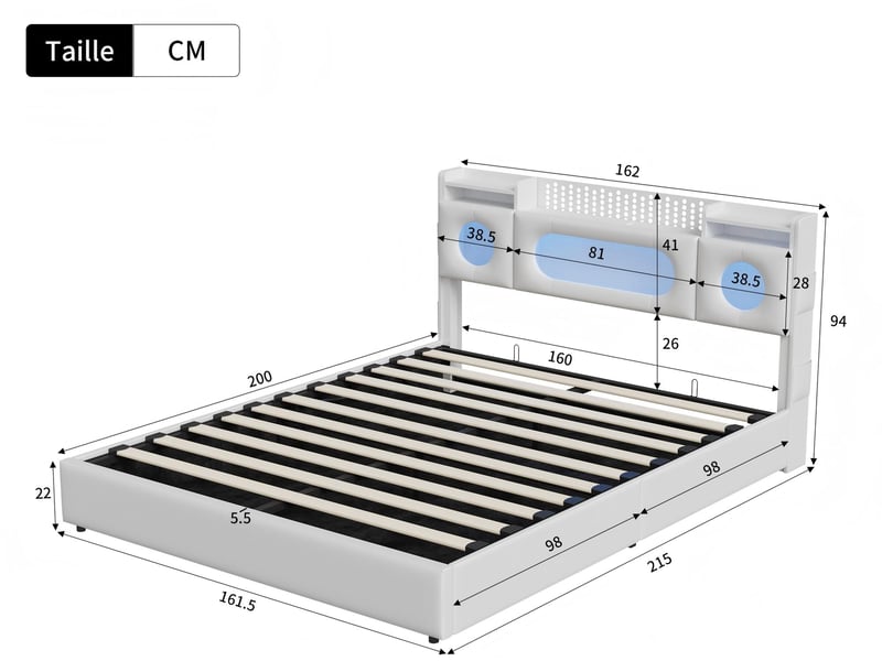  Lit coffre 160x200 cm en tissu lin - éclairage led et port usb - tête de lit avec rangement - sommier à lattes avec rangement hydraulique  - Conforama C