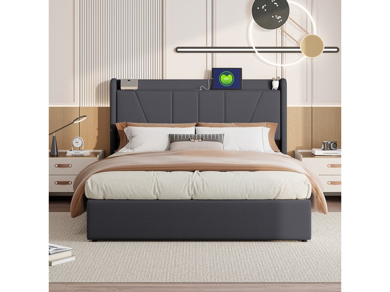 Lit coffre 2 places 160x200 cm, lit adulte double avec rangement, 2 ports usb et 1 type-c, design simple, lin gris - Conforama C