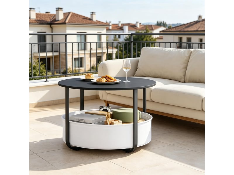  Table basse ronde avec panier de rangement - lpospi - pieds réglables, métal et toile, noir, ø 80 × h 50 cm  - Conforama C