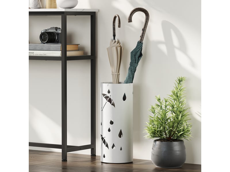  Porte parapluie cylindrique support pour parapluies bac d'égouttement amovible et 4 crochets, blanc,  17 x 41 cm  - Conforama W