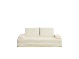 Canapé modulable 211 cm en velours côtelé beige, convertible en lit, 2 dossiers triangulaires, 2 coussins, configuration libre