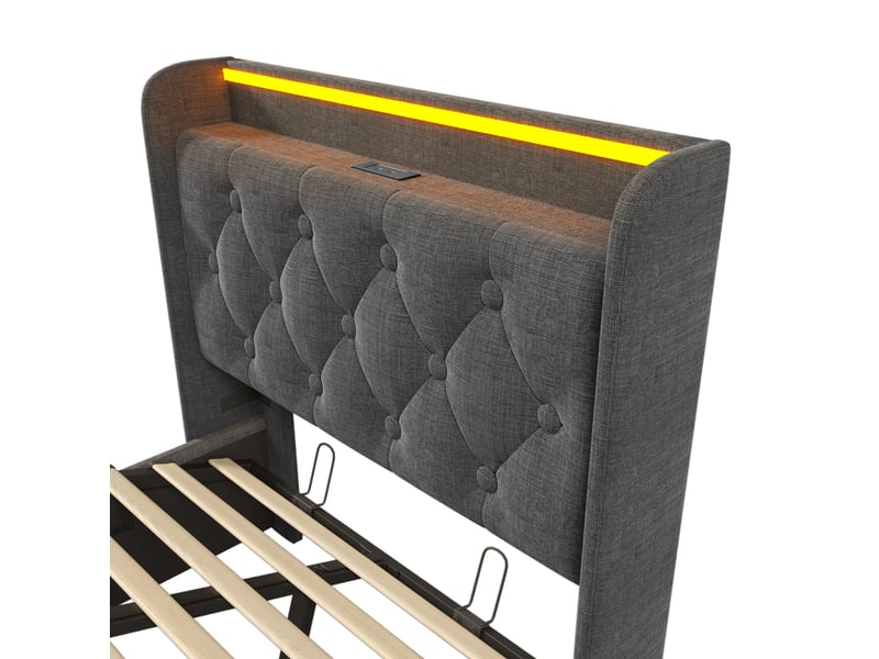  Lit simple 90x200cm, lit coffre avec led, rangement, chargement usb type-c, lin gris, matelas non inclus  - Conforama E