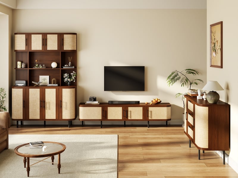  Ensemble de meubles de salle à manger, meuble tv + buffet + meuble haut, structure mdf, façade effet osier, bois sombre  - Conforama B
