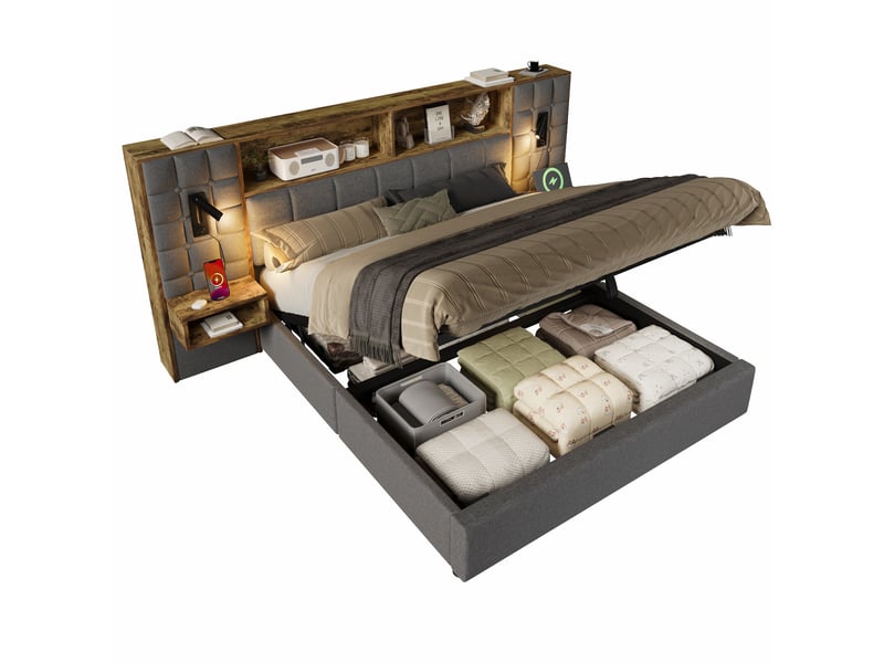  Lit rembourré 160x200 cm avec 2 chevets et étagère, lampe tactile rechargeable, ports usb et usb-c, rangement hydraulique, girs  - Conforama A