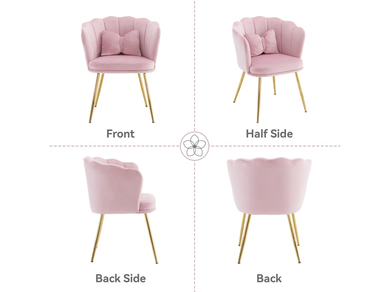  Lot de 6 chaises de salle à manger avec dossier pétale capitonné, coussins et pieds métalliques dorés en velours rose  - Conforama E