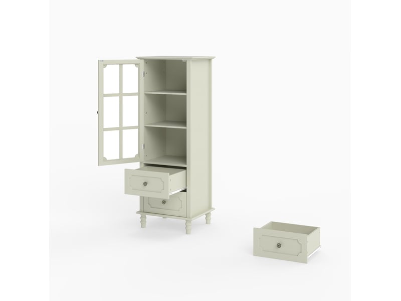  Buffet haut vitré avec 2 tiroirs en mdf blanc crème, 50x40x133 cm  - Conforama E