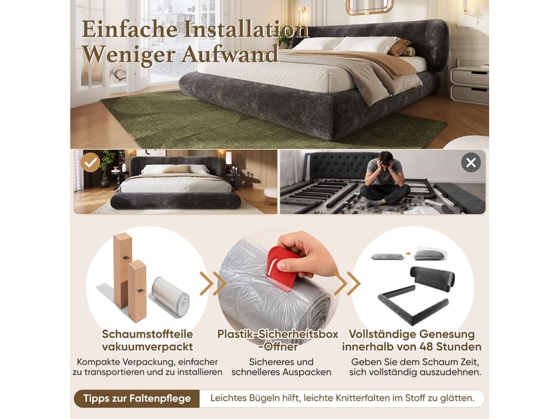  Lit double 160×200 cm avec tête de lit rembourrée, sans matelas - okmyhome- chenille gris, bords arrondis  - Conforama E