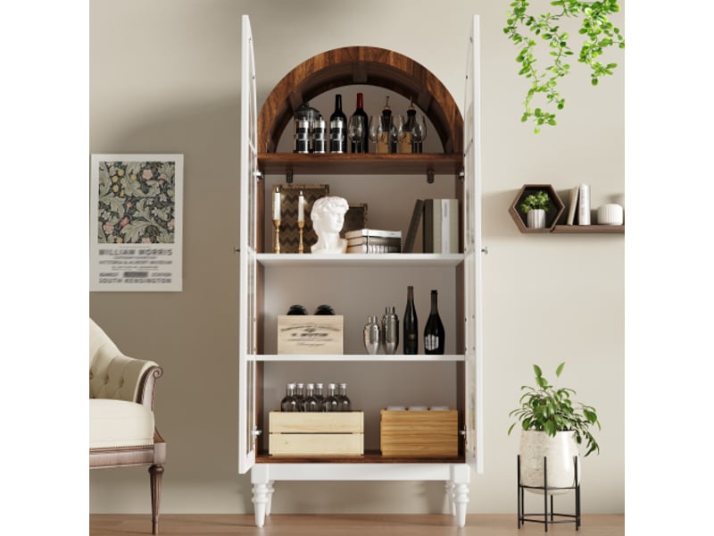  Vitrine courbée 165 cm, portes doubles en verre strié, 3 étagères réglables, coloris noyer et blanc  - Conforama D