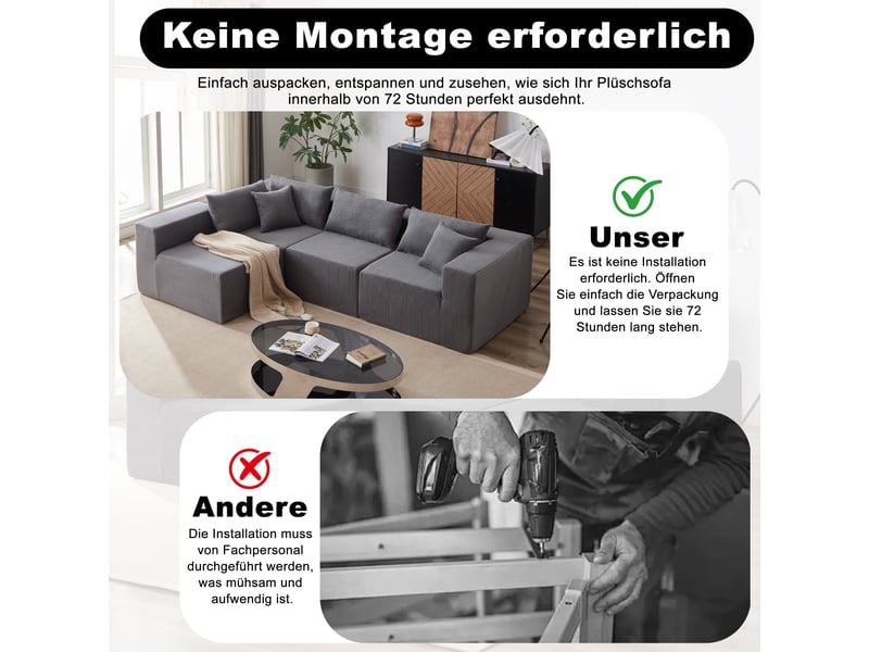  Canapé d'angle compressée en l en velours côtelé,264x167x71cm,canapé modulaire 4 pièces en mousse,sans montage,gris  - Conforama E