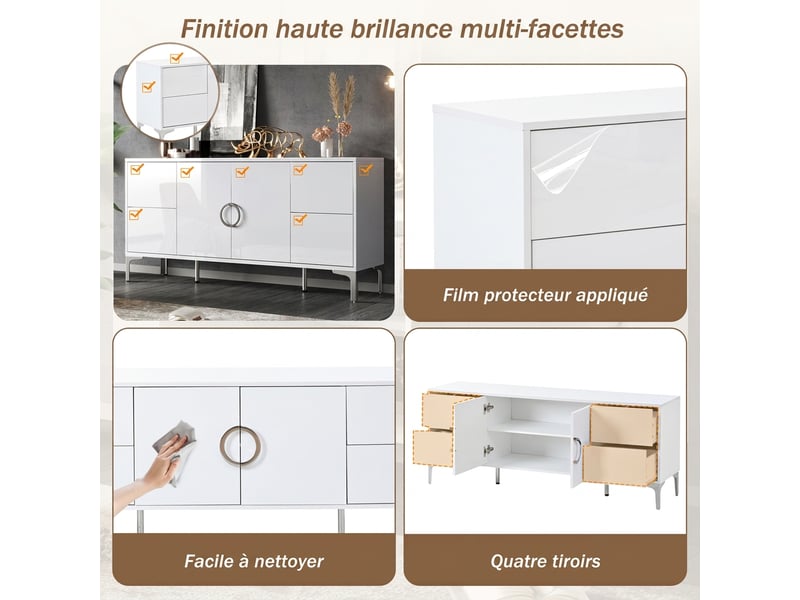  Buffet blanc laqué 150 cm meuble de rangement 4 tiroirs 2 portes mdf pieds en métal  - Conforama R