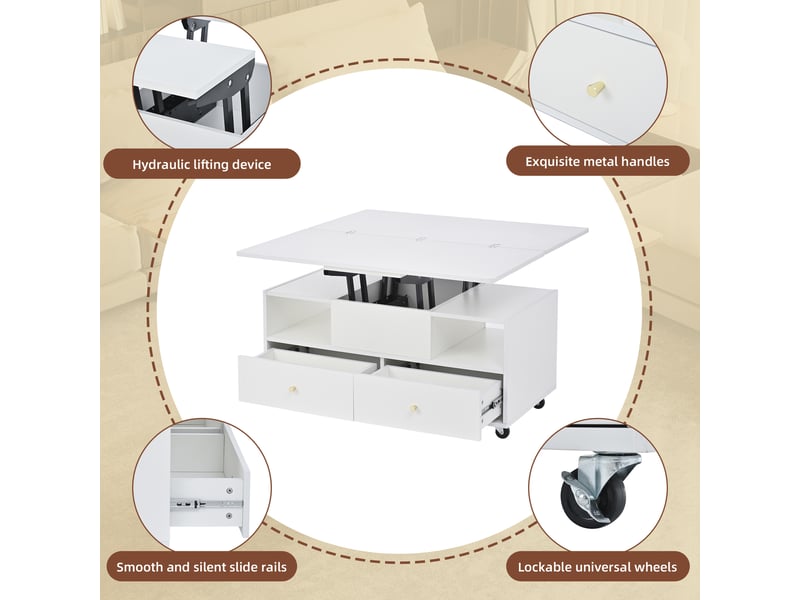  Table basse relevable extensible avec 4 tiroirs et roulettes pour salon 100×50×47,5 cm en mdf blanc  - Conforama C