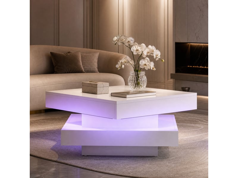  Table basse carrée avec plateau pivotant 360°, led et finition laquée blanche pour salon, 70 × 70 × 36 cm  - Conforama B